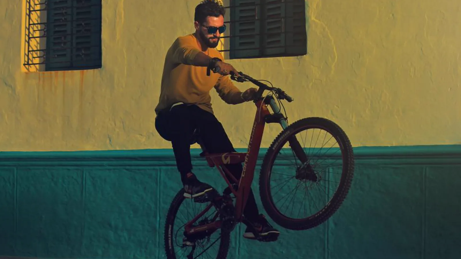 Radfahrer vor einer farbigen Hauswand